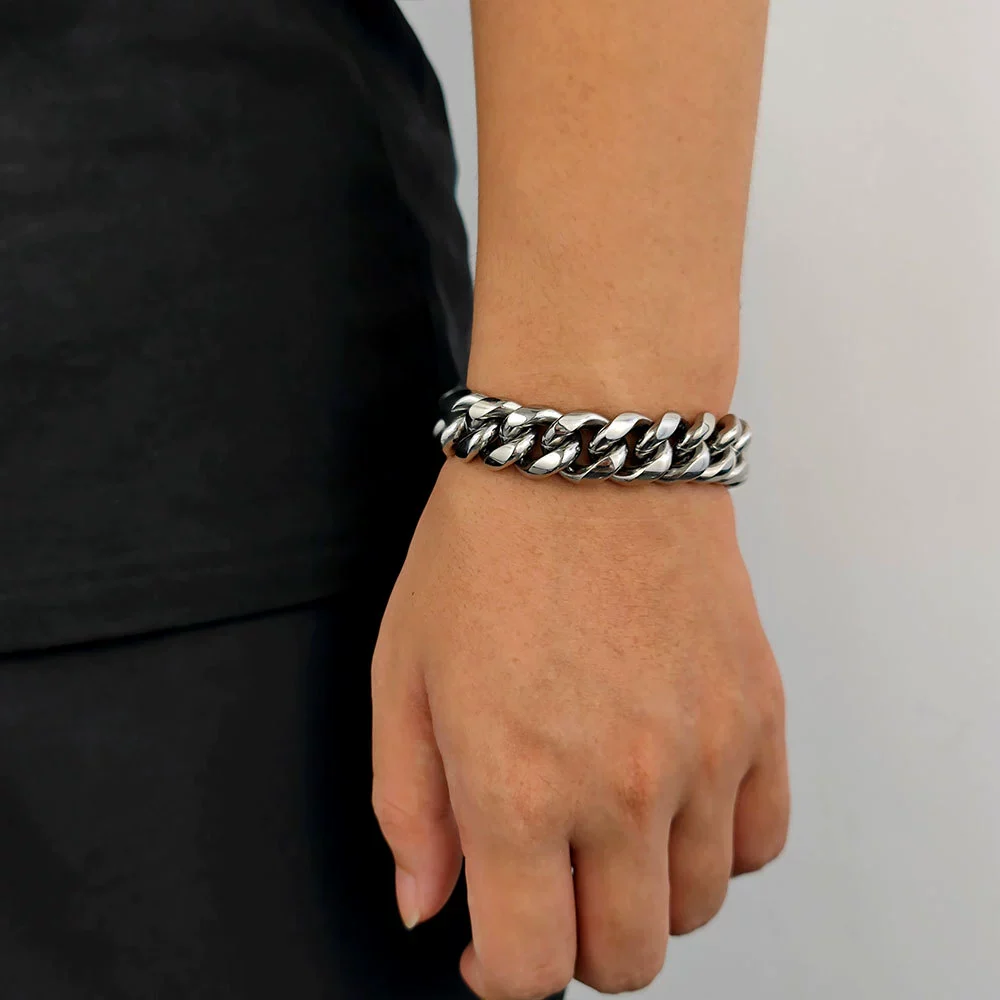 Hip Hop Stainless Steel Geometric Cuban Bracelet With Spring Buckle And Round Grinding Electroplating For Unisex - Image 17