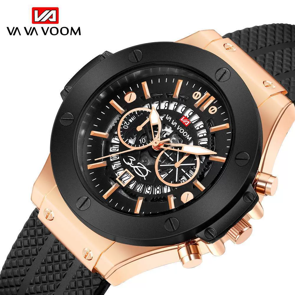 Hollow Calendar Sports Watch For Men Waterproof Silicone Strap Alloy Case Mineral Strengthened Glass Mirror Stainless Steel Clasp Round Dial