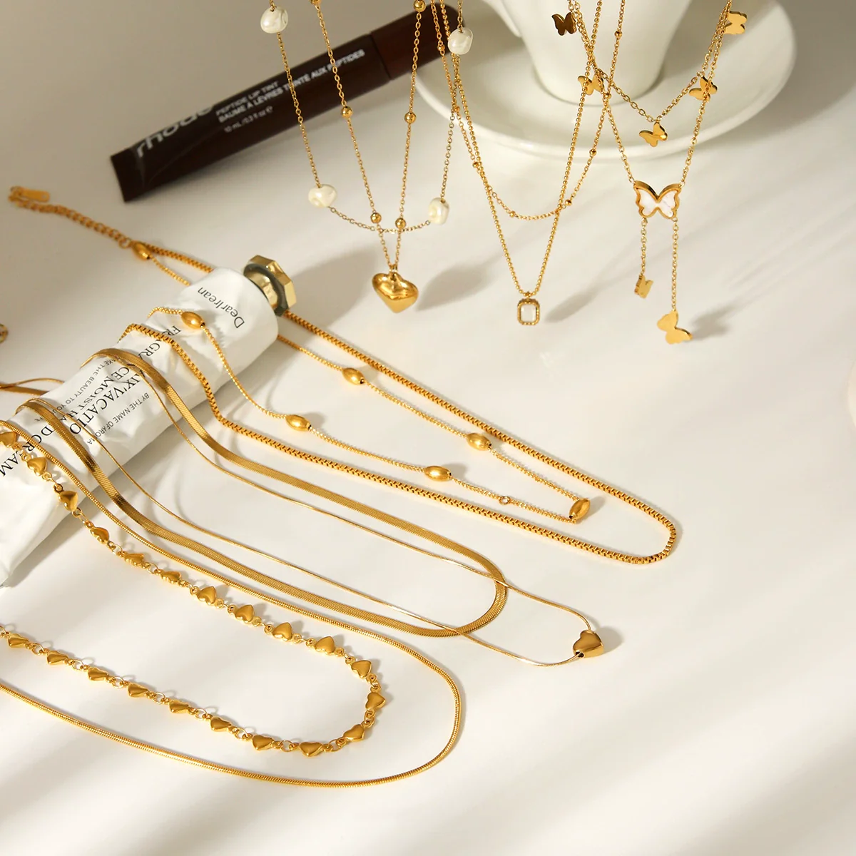 Ins Style Doublelayer Gold Plated Stainless Steel Necklace With Heart Bow Tie Star Geometric Shapes For Women