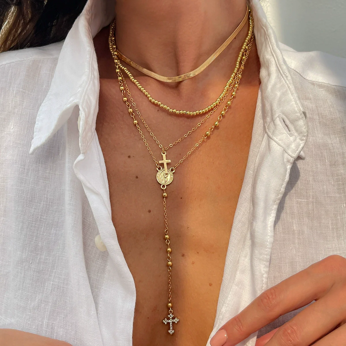 Jewelry 3Piece Set With Cross Frame Chain Necklace Copperclad Iron Copper Alloy Geometric Electroplating - Image 10
