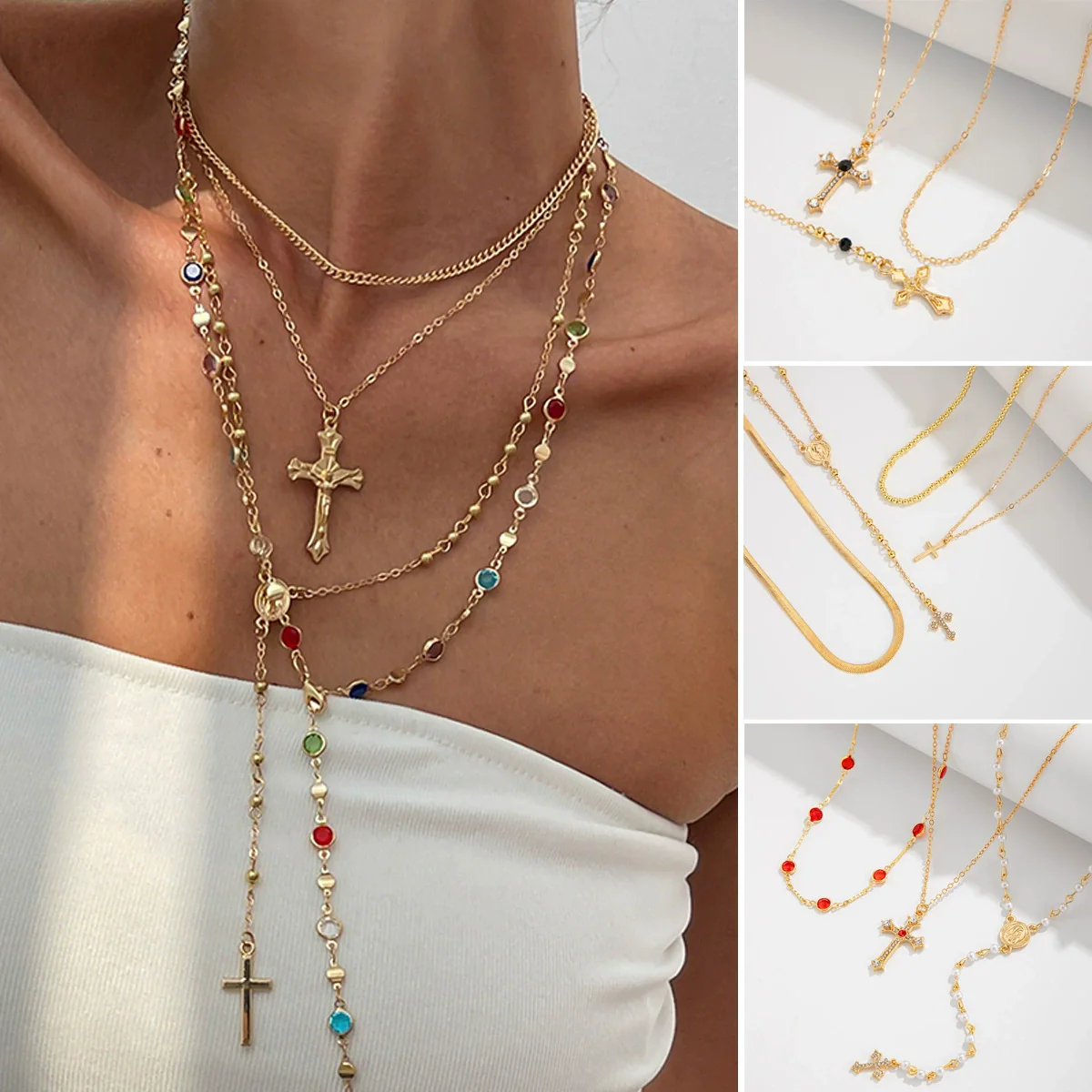 Jewelry 3Piece Set With Cross Frame Chain Necklace Copperclad Iron Copper Alloy Geometric Electroplating - Image 2