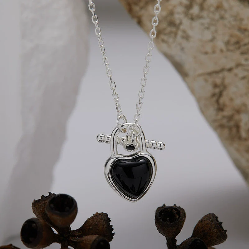 Jewelry 925 Sterling Silver Inlaid Natural Black Agate Heart Shape Love Necklace For Women
