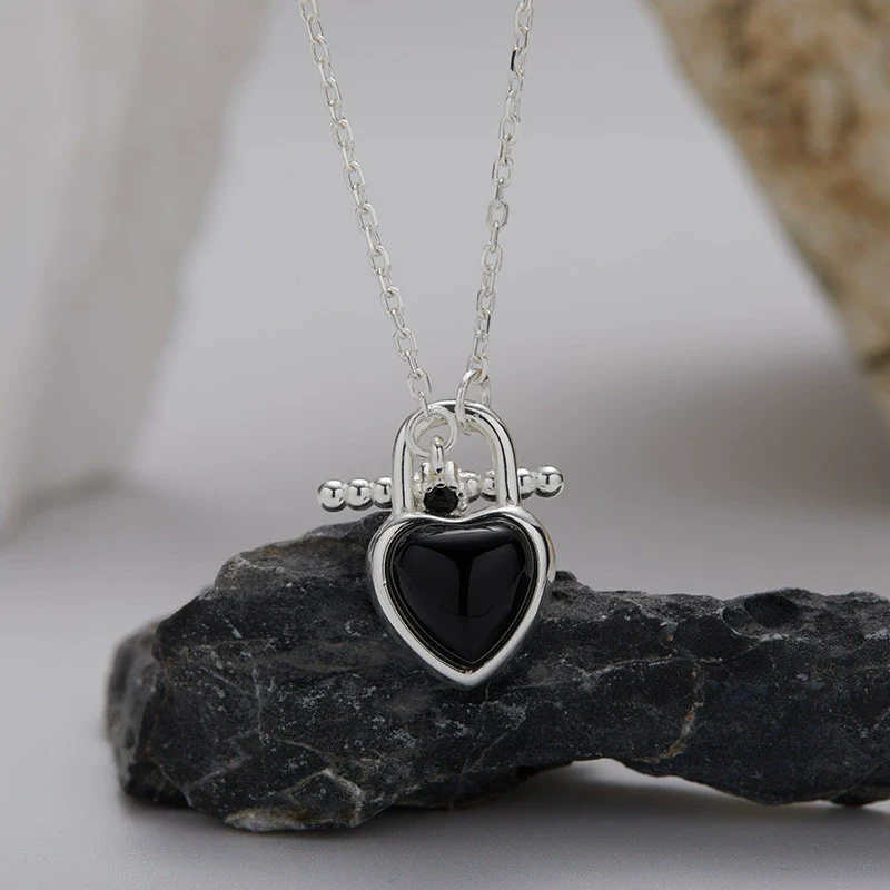 Jewelry 925 Sterling Silver Inlaid Natural Black Agate Heart Shape Love Necklace For Women - Image 2