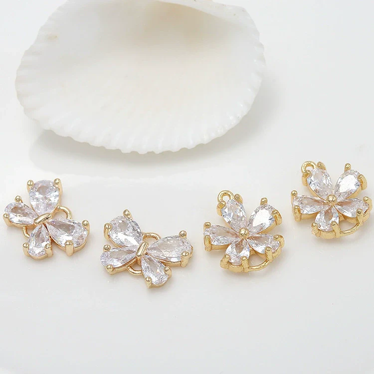 Jewelry Accessories Copper Electroplated 14K Gold Inlaid Zircon Bow And Fivepetal Flower Double Hanging Connector