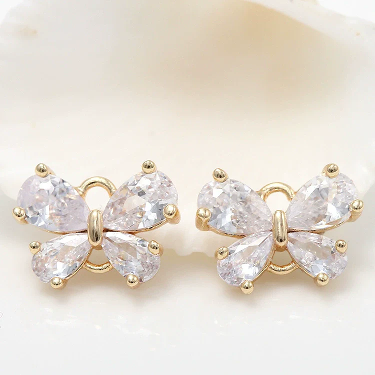 Jewelry Accessories Copper Electroplated 14K Gold Inlaid Zircon Bow And Fivepetal Flower Double Hanging Connector - Image 2