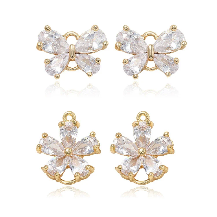 Jewelry Accessories Copper Electroplated 14K Gold Inlaid Zircon Bow And Fivepetal Flower Double Hanging Connector - Image 5