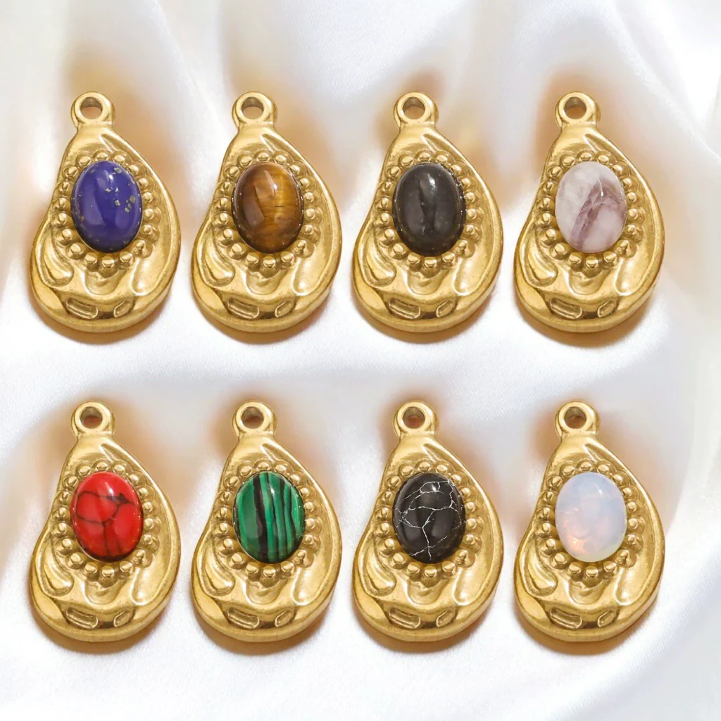 Jewelry Accessories Inlaid Natural Stone Malachite Stainless Steel Totem Teardrop Pendant Necklace Bracelet Earrings - Image 4