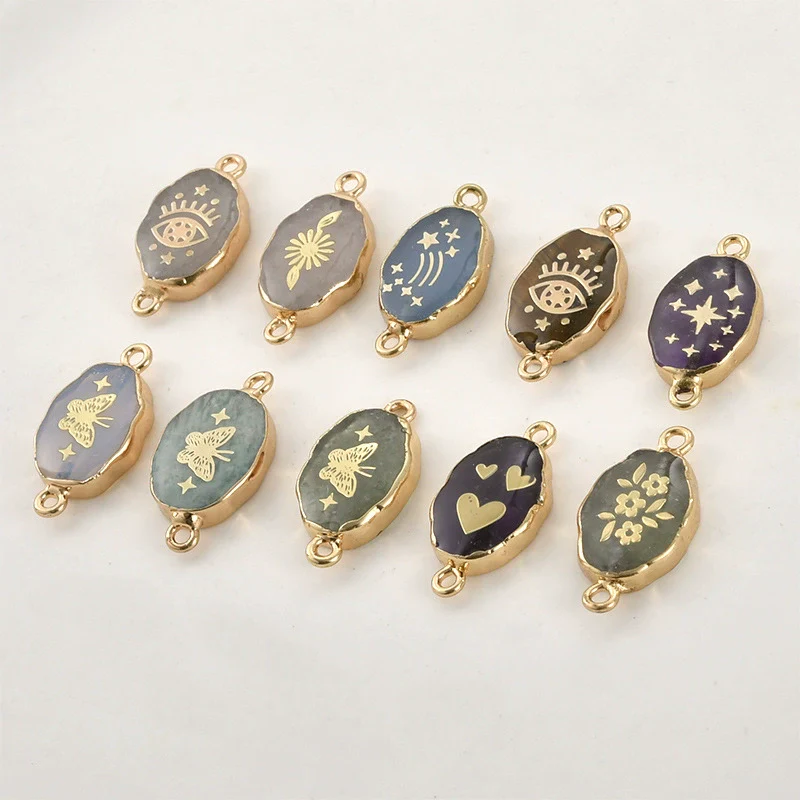 Jewelry Accessories Natural Crystal Jade Double Hanging Oval Copper Goldplated Pendant Diy Handmade Bracelet Necklace Connection