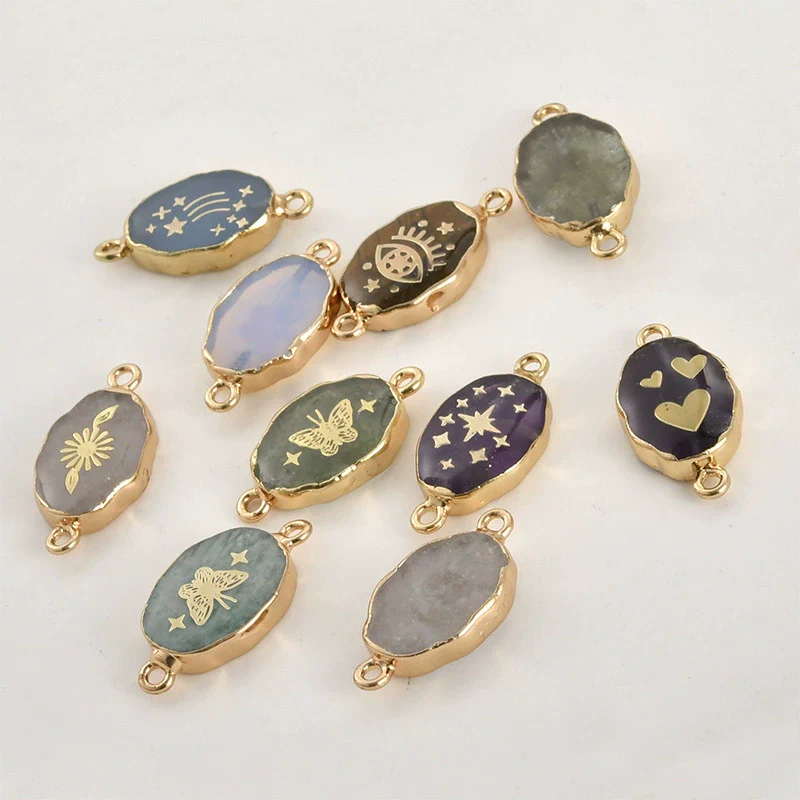 Jewelry Accessories Natural Crystal Jade Double Hanging Oval Copper Goldplated Pendant Diy Handmade Bracelet Necklace Connection - Image 3