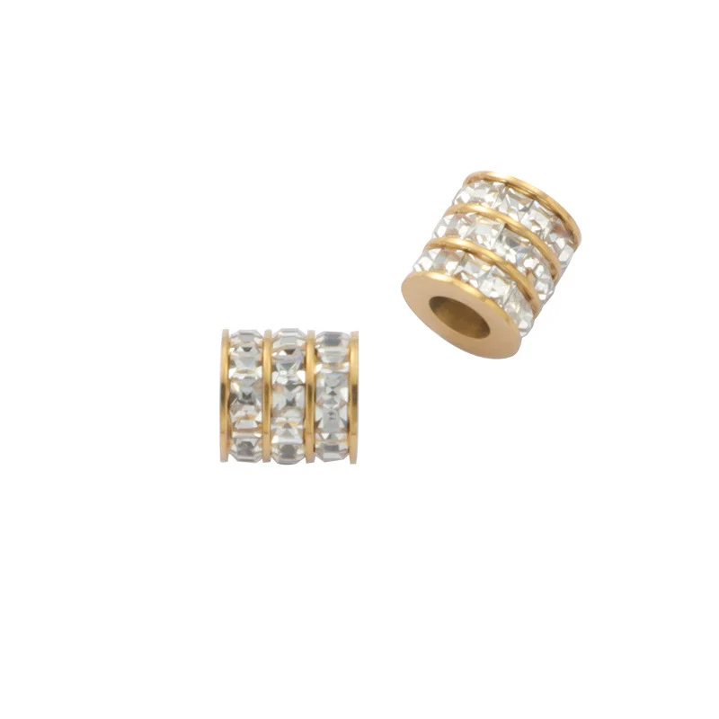 Jewelry Accessories Stainless Steel Cylindrical Hollow Large Hole Bead Spacer Set With Diamonds Electroplated - Image 4
