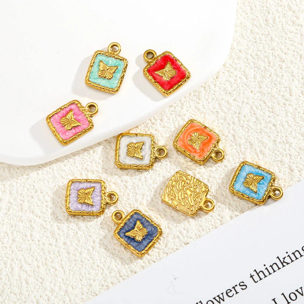 Jewelry Accessories Stainless Steel Enamel Square Butterfly Pendant Dripping Oil Style - Image 2