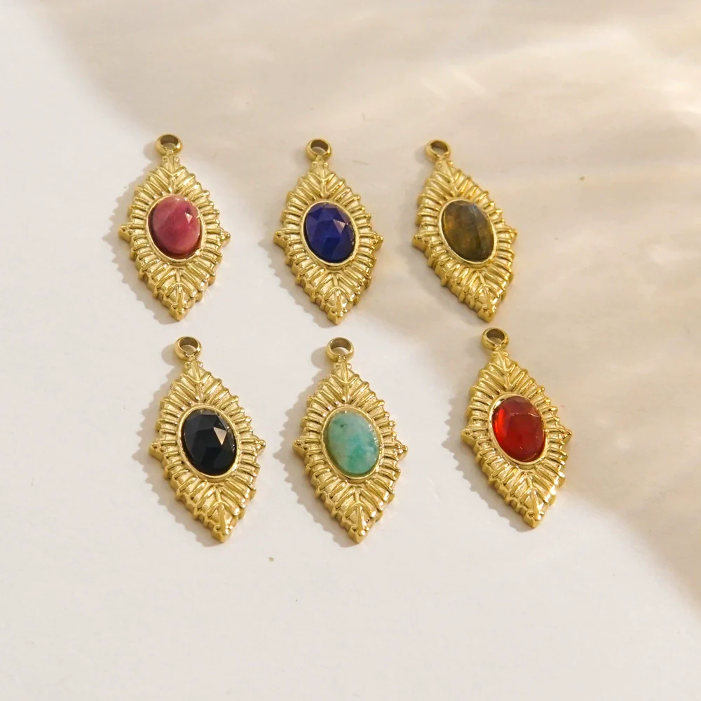 Jewelry Accessories Stainless Steel Inlaid Natural Stone French Retro Oval Leaves Geometric Style