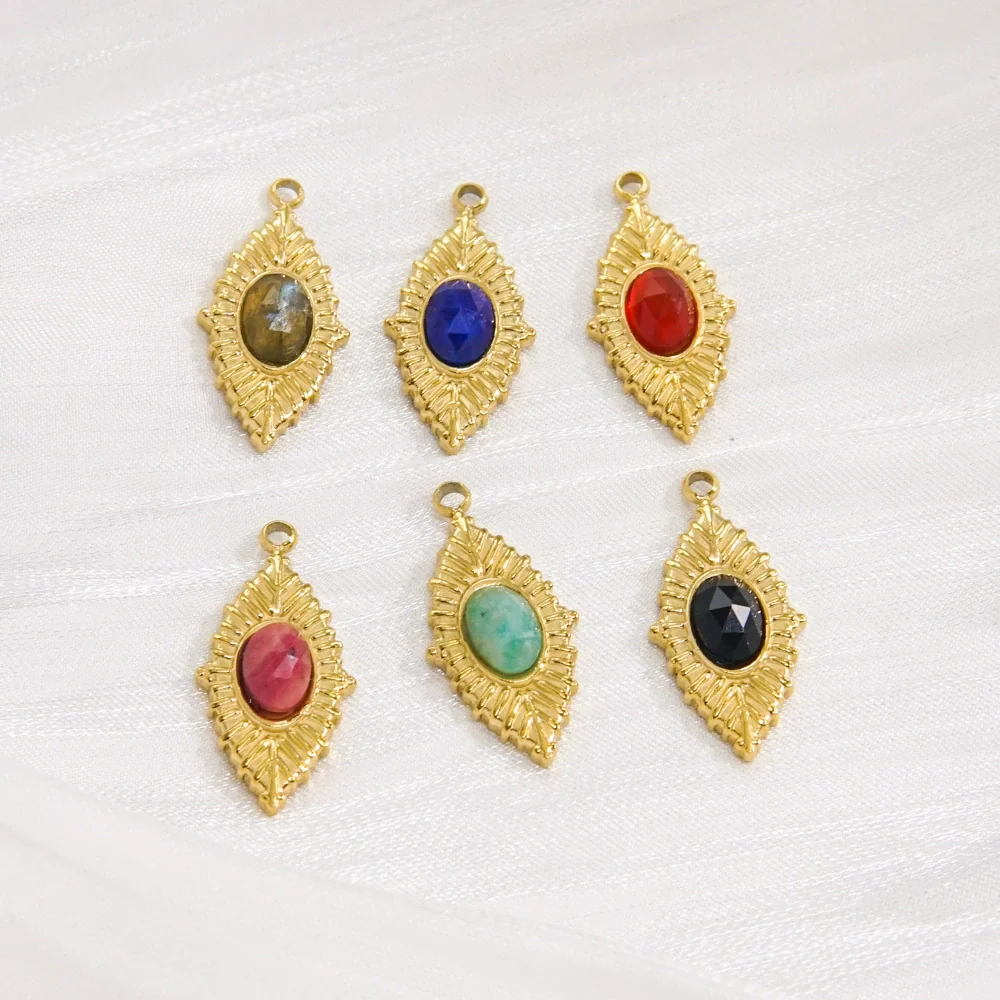 Jewelry Accessories Stainless Steel Inlaid Natural Stone French Retro Oval Leaves Geometric Style - Image 2