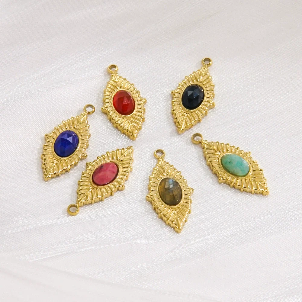 Jewelry Accessories Stainless Steel Inlaid Natural Stone French Retro Oval Leaves Geometric Style - Image 4