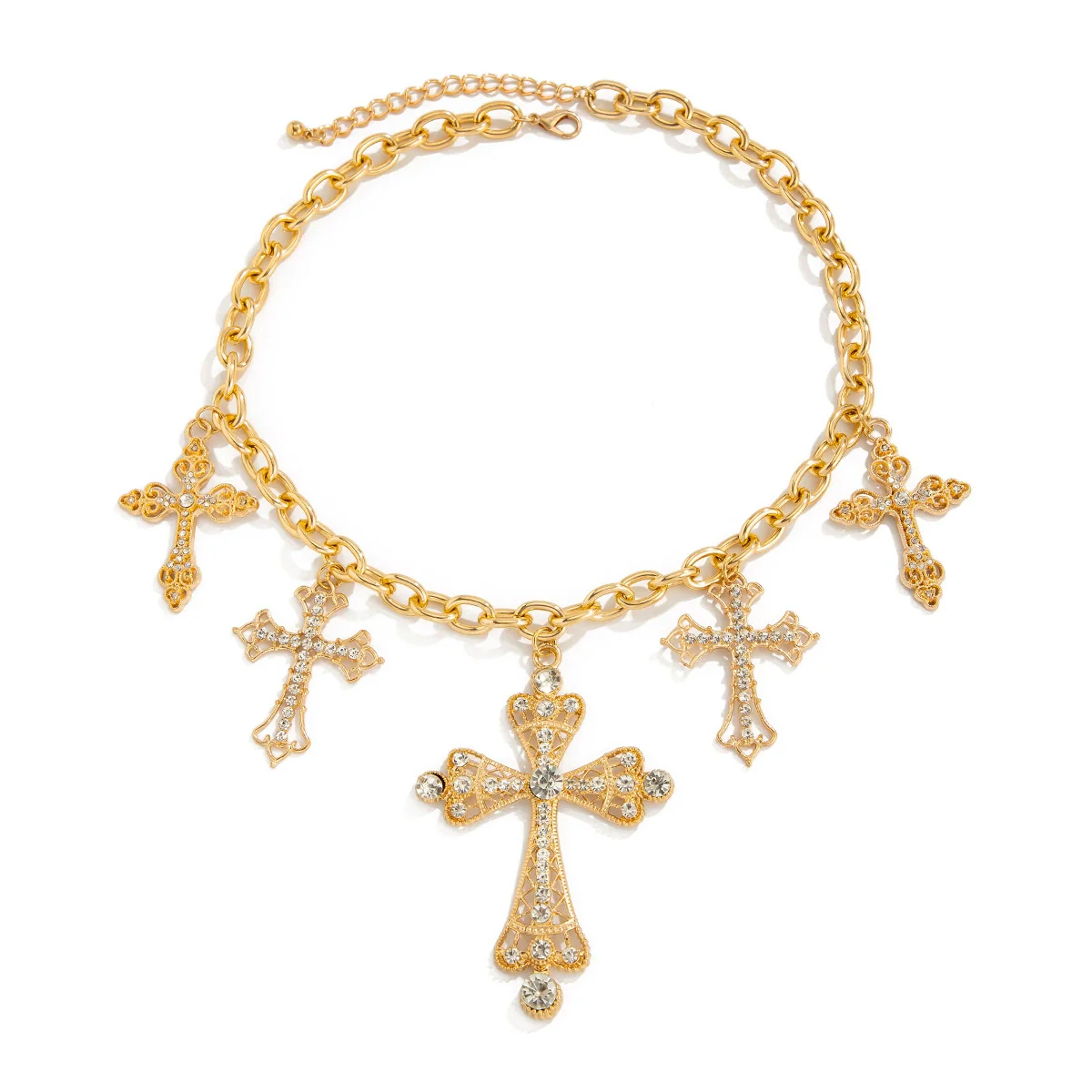 Jewelry Alloy Aluminum Chain Rhinestone Geometric Cross Hip Hop Style Electroplated Necklace For Women - Image 5