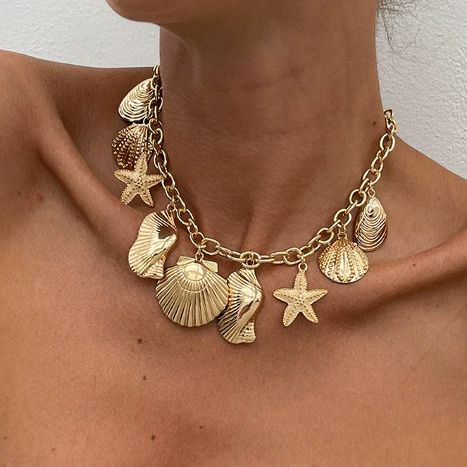 Jewelry Alloy Aluminum Clavicle Chain Starfish Scallop Pendant Geometric Vacation Style Electroplating