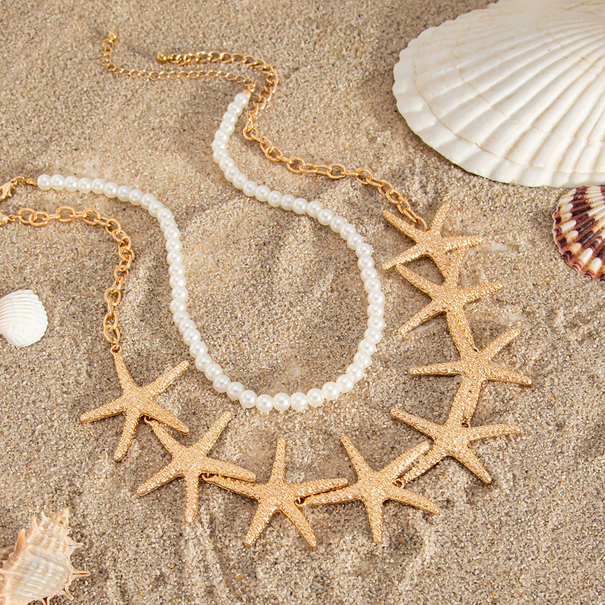 Jewelry Alloy And Imitation Pearl Geometric Starfish Electroplated Multilayer Clavicle Chain For Women - Image 4
