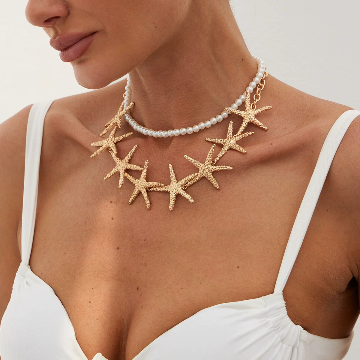 Jewelry Alloy And Imitation Pearl Geometric Starfish Electroplated Multilayer Clavicle Chain For Women - Image 6