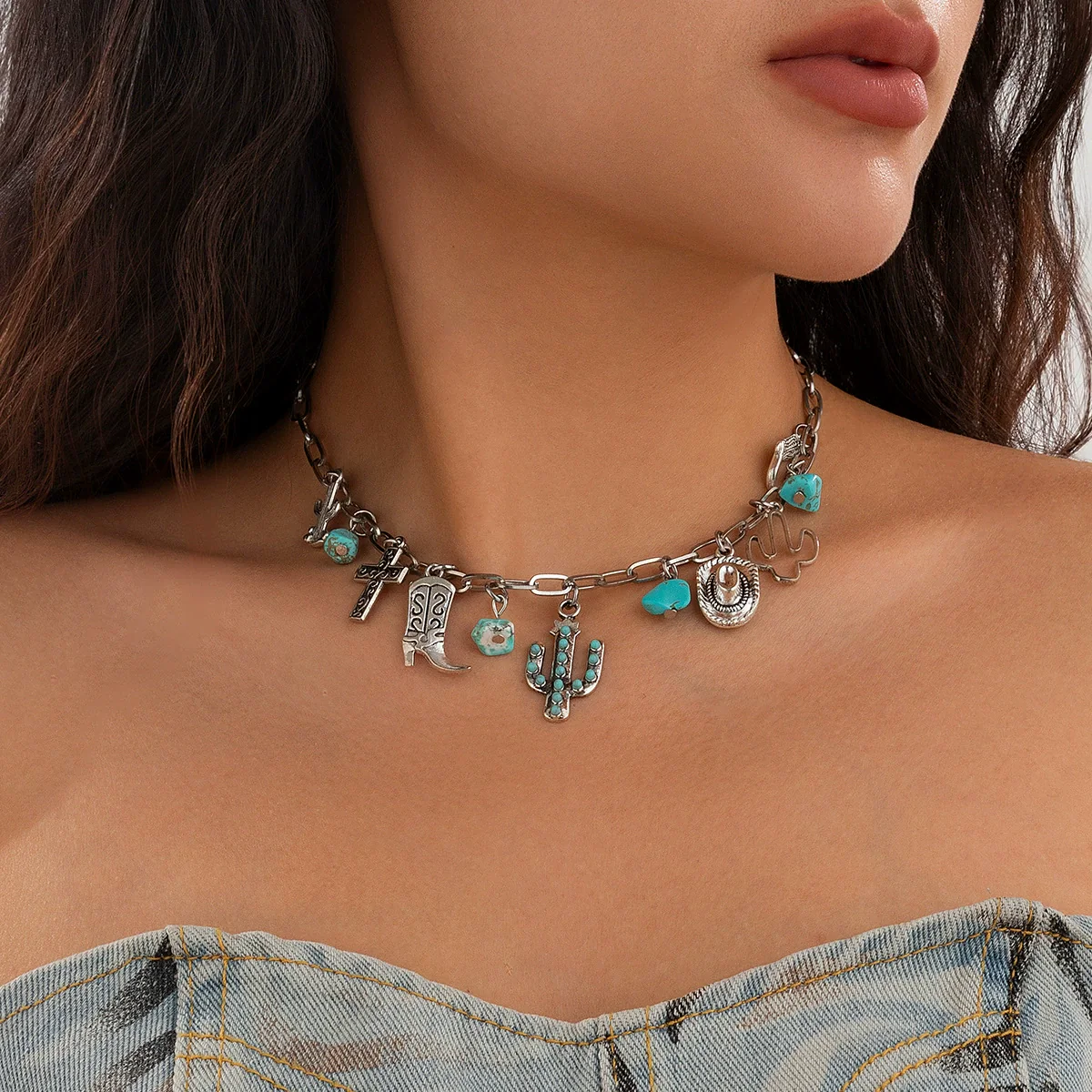Jewelry Alloy And Iron Chain With Turquoise Cow Head Pendant Geometric Pattern Electroplated Clavicle Chain For Women - Image 6