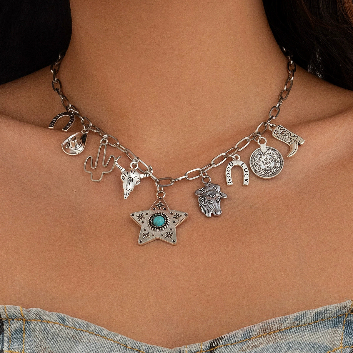 Jewelry Alloy And Iron Chain With Turquoise Cow Head Pendant Geometric Pattern Electroplated Clavicle Chain For Women - Image 8