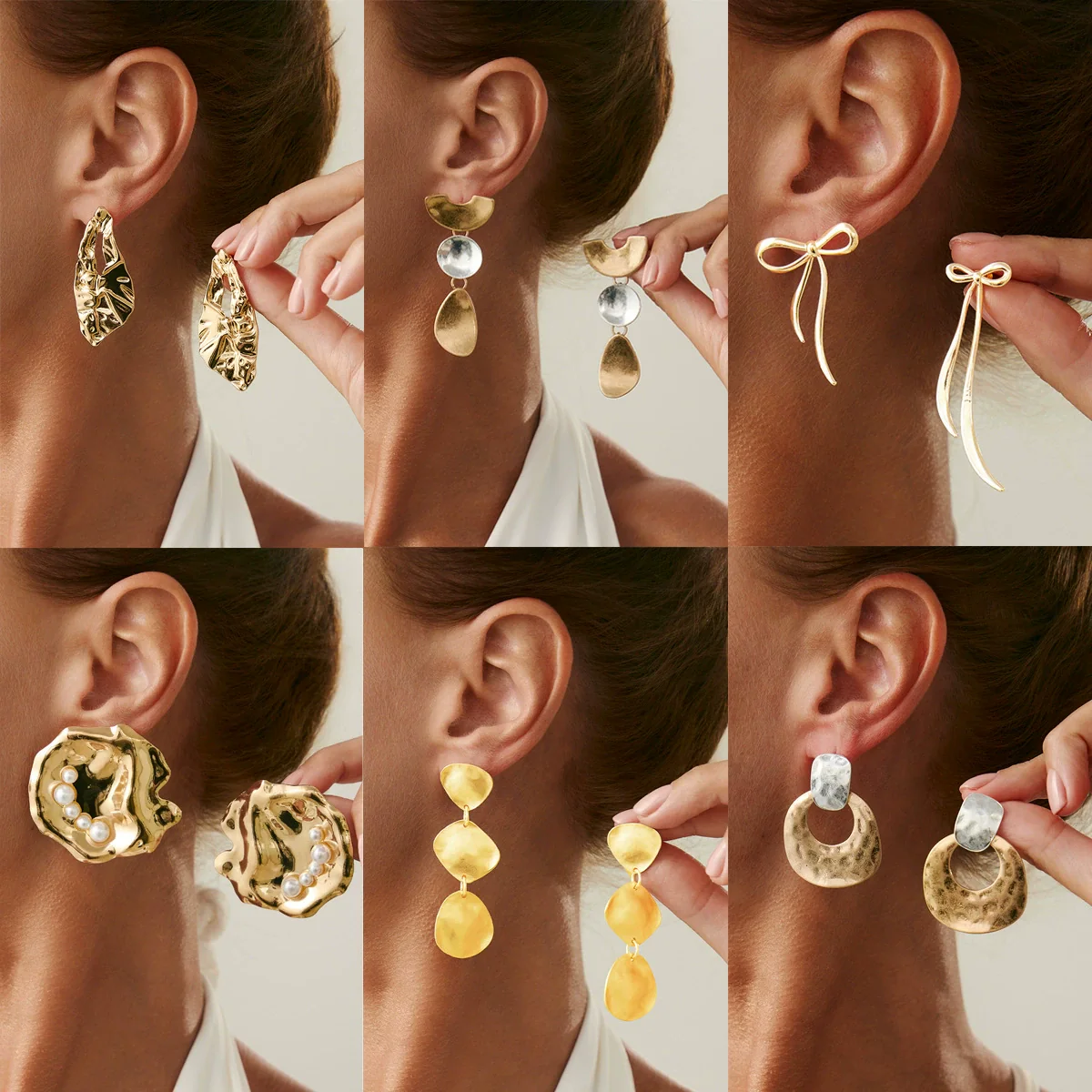Jewelry Alloy Asymmetrical Geometric Oval Bow Pleated Cut Out Electroplated Earrings For Women