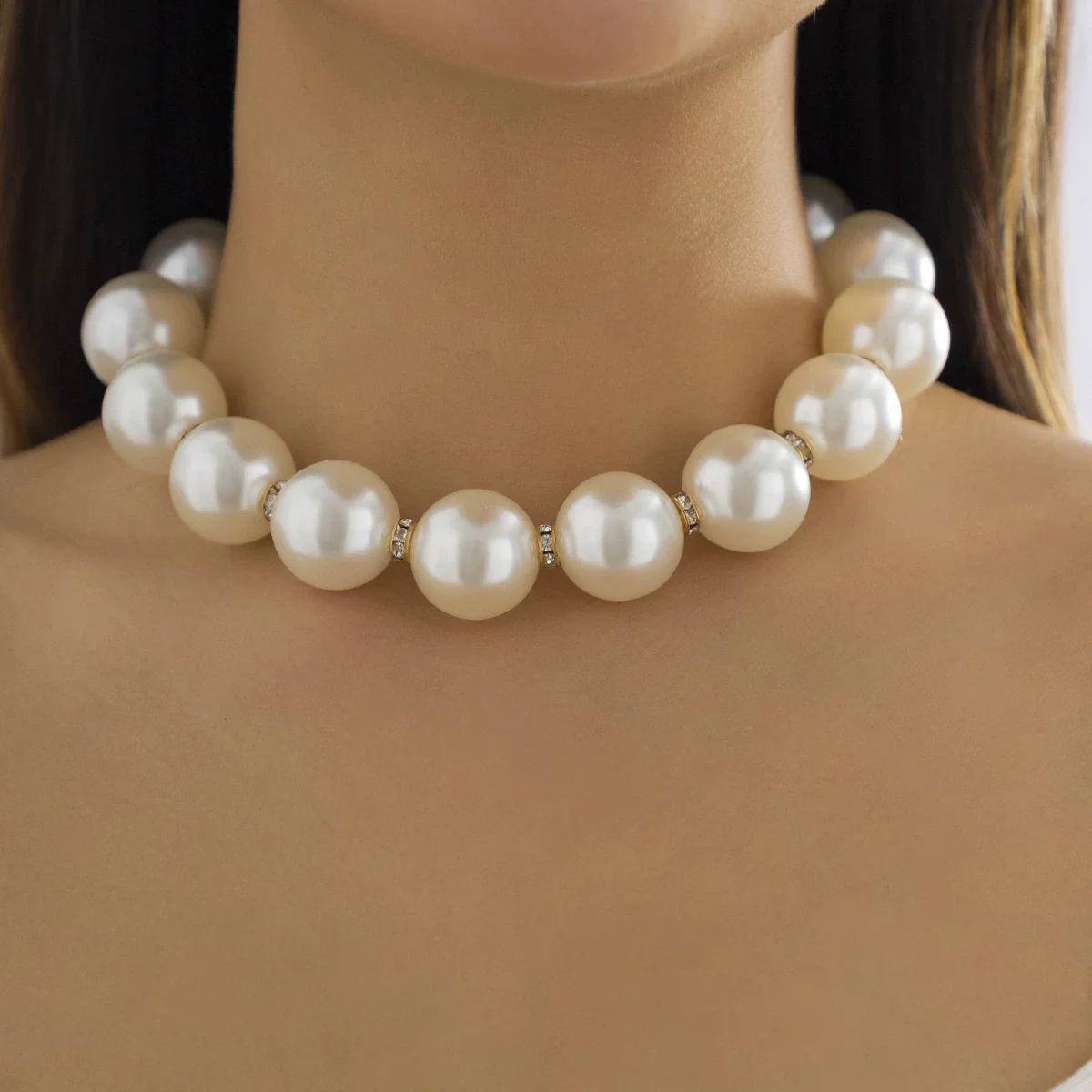 Jewelry Alloy Ball Chain Retro Geometric Style Electroplating Beaded Rhinestone Imitation Pearl Necklace For Women - Image 3