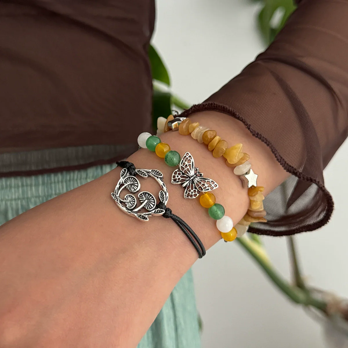 Jewelry Alloy Beaded Bracelet With Mushroom Butterfly Pendant Animal Zodiac Star Geometric Electroplating For Women - Image 2