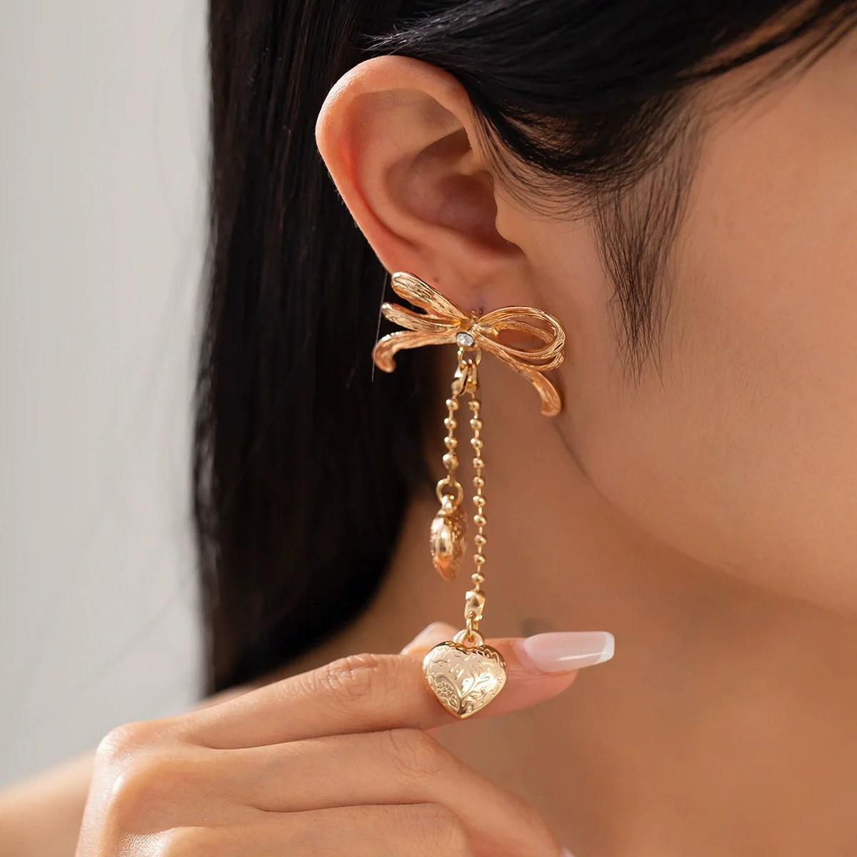 Jewelry Alloy Ccb Copper Chain Heart Shape Bow Tassel Bead Long Earrings For Women - Image 3