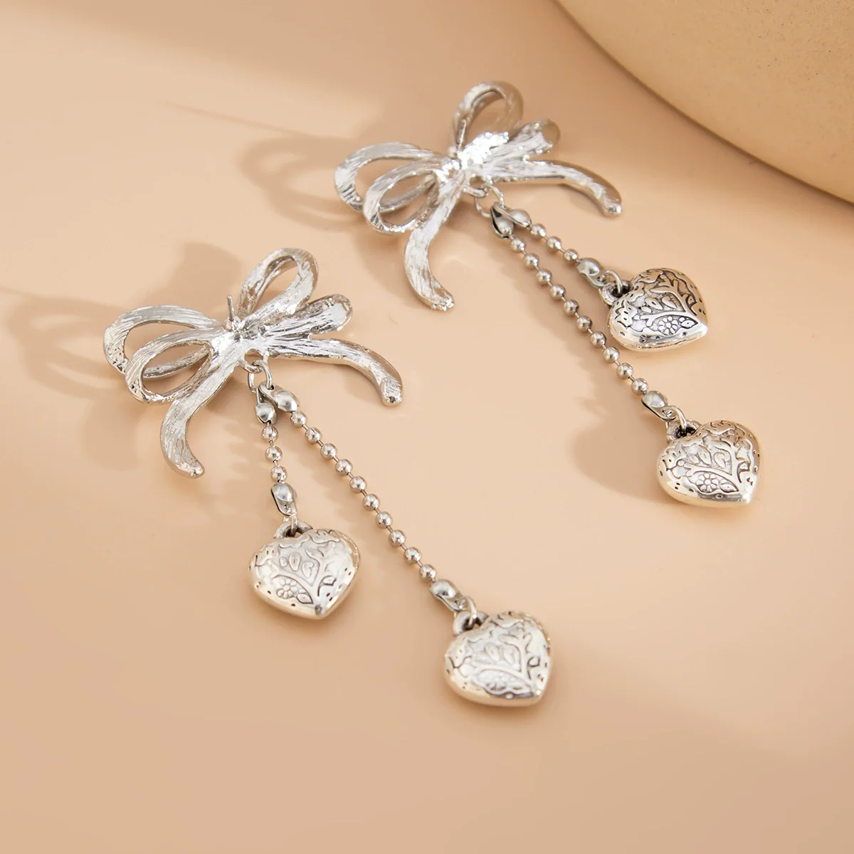 Jewelry Alloy Ccb Copper Chain Heart Shape Bow Tassel Bead Long Earrings For Women - Image 4