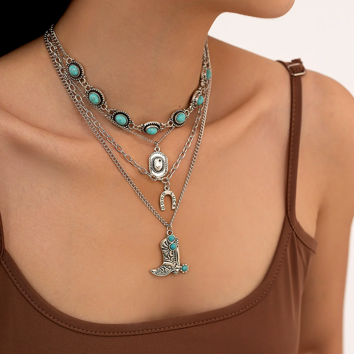 Jewelry Alloy Clavicle Chain Necklace With Geometric Pattern Electroplated Punk Style And Imitation Turquoise Beads - Image 2