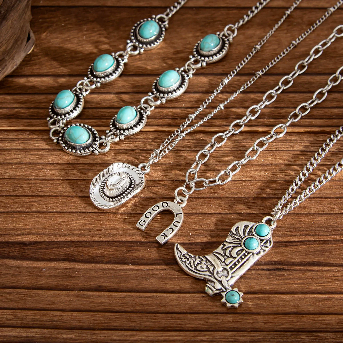 Jewelry Alloy Clavicle Chain Necklace With Geometric Pattern Electroplated Punk Style And Imitation Turquoise Beads - Image 4
