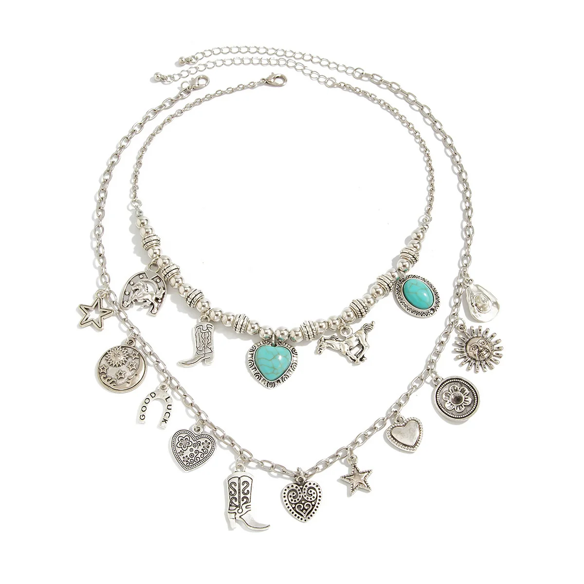 Jewelry Alloy Clavicle Chain Necklace With Geometric Pattern Electroplated Punk Style And Imitation Turquoise Beads - Image 5