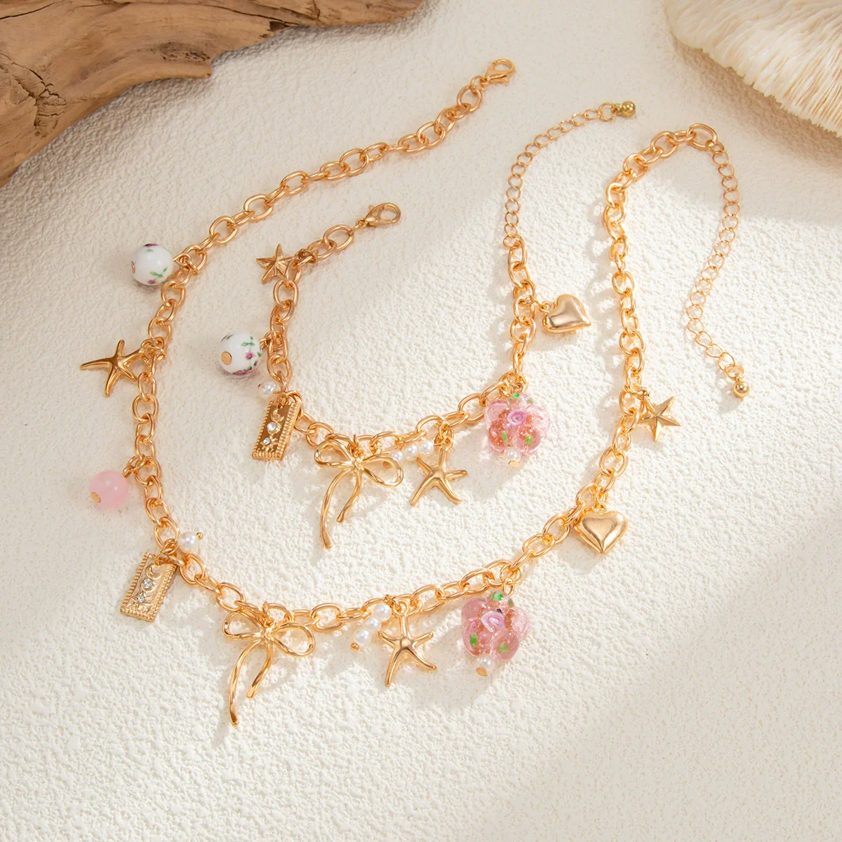 Jewelry Alloy Colorful Ceramic Bead Necklace Sweet Heart Bow Pendant Bracelet With Star Pattern Electroplated - Image 4