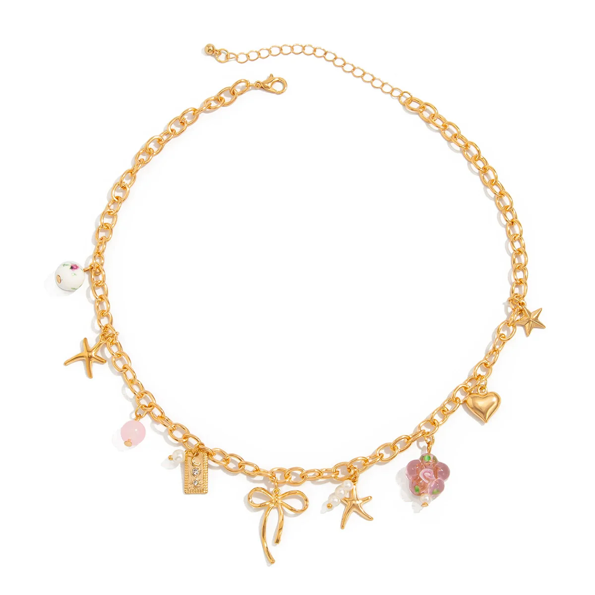 Jewelry Alloy Colorful Ceramic Bead Necklace Sweet Heart Bow Pendant Bracelet With Star Pattern Electroplated - Image 5
