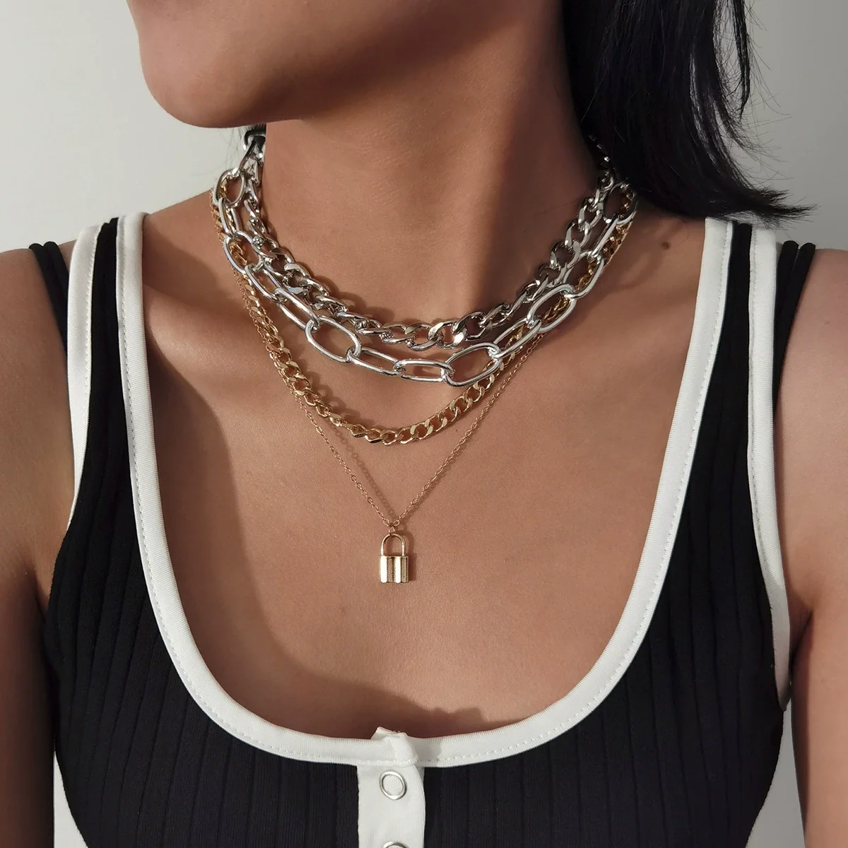Jewelry Alloy Cross Chain Punk Hiphop Multilayer Thick Chain Necklace For Women Retro Geometric Electroplated - Image 2