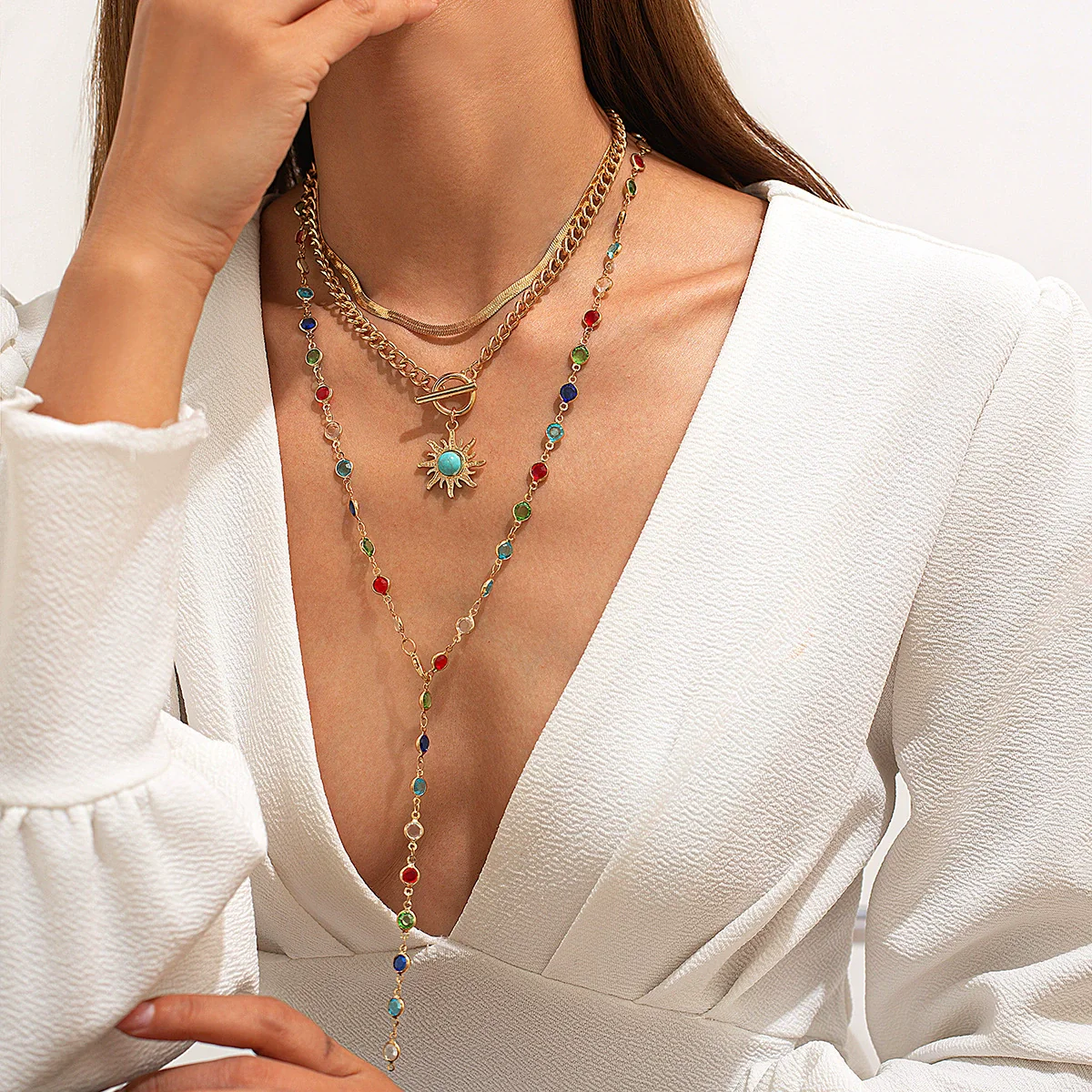 Jewelry Alloy Crystal Clavicle Chain With Sunflower Geometric Pattern And Electroplating Process In Sweet Style For Women - Image 2