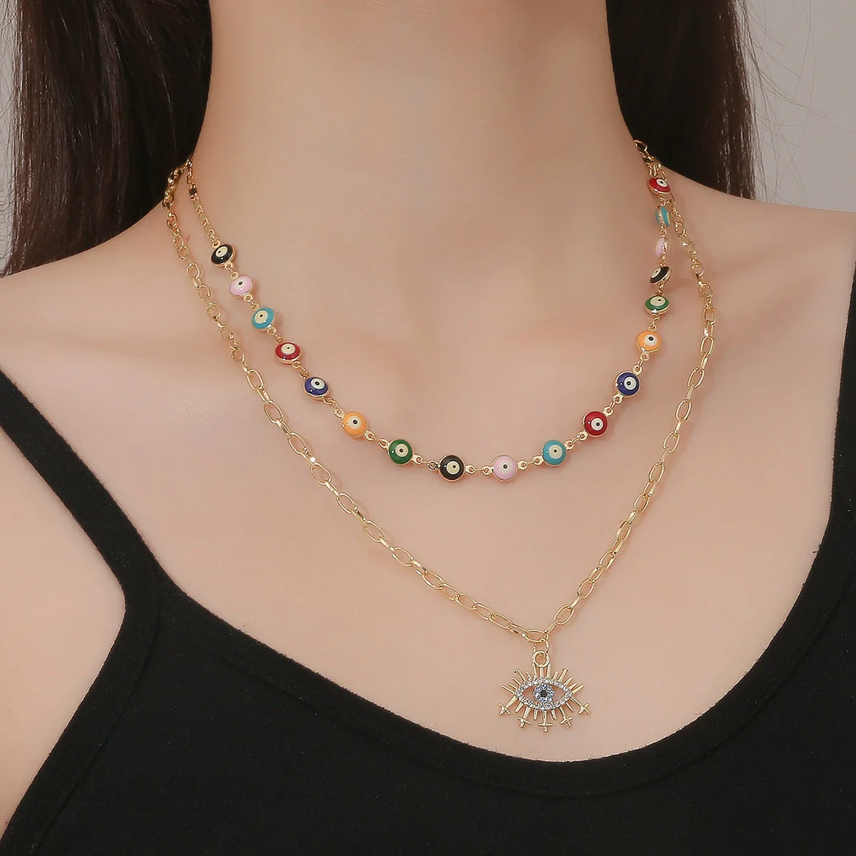 Jewelry Alloy Devil's Eye Pendant Multilayer Necklace With Geometric Wave Pattern And Electroplating Treatment For Women - Image 3