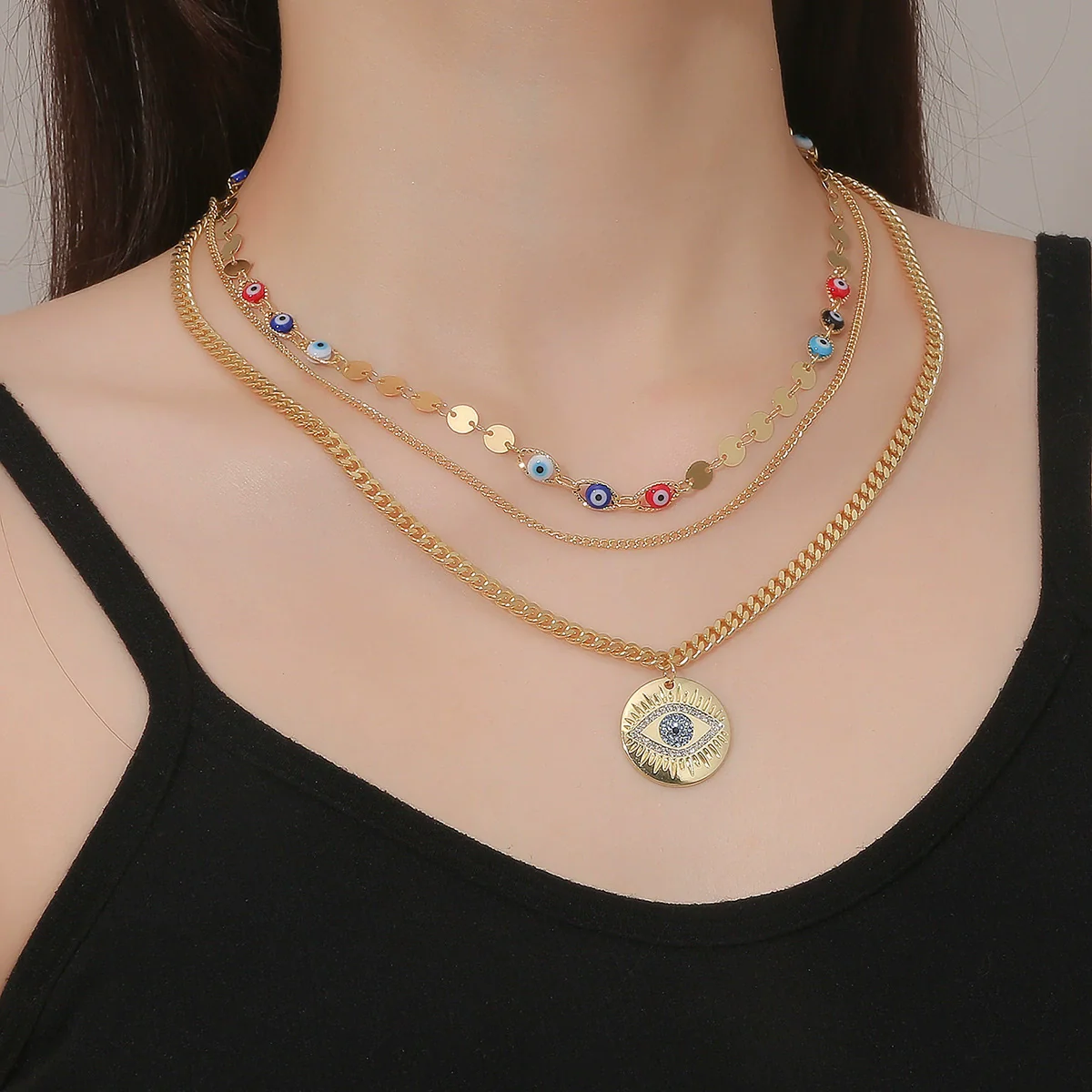Jewelry Alloy Devil's Eye Pendant Multilayer Necklace With Geometric Wave Pattern And Electroplating Treatment For Women - Image 4