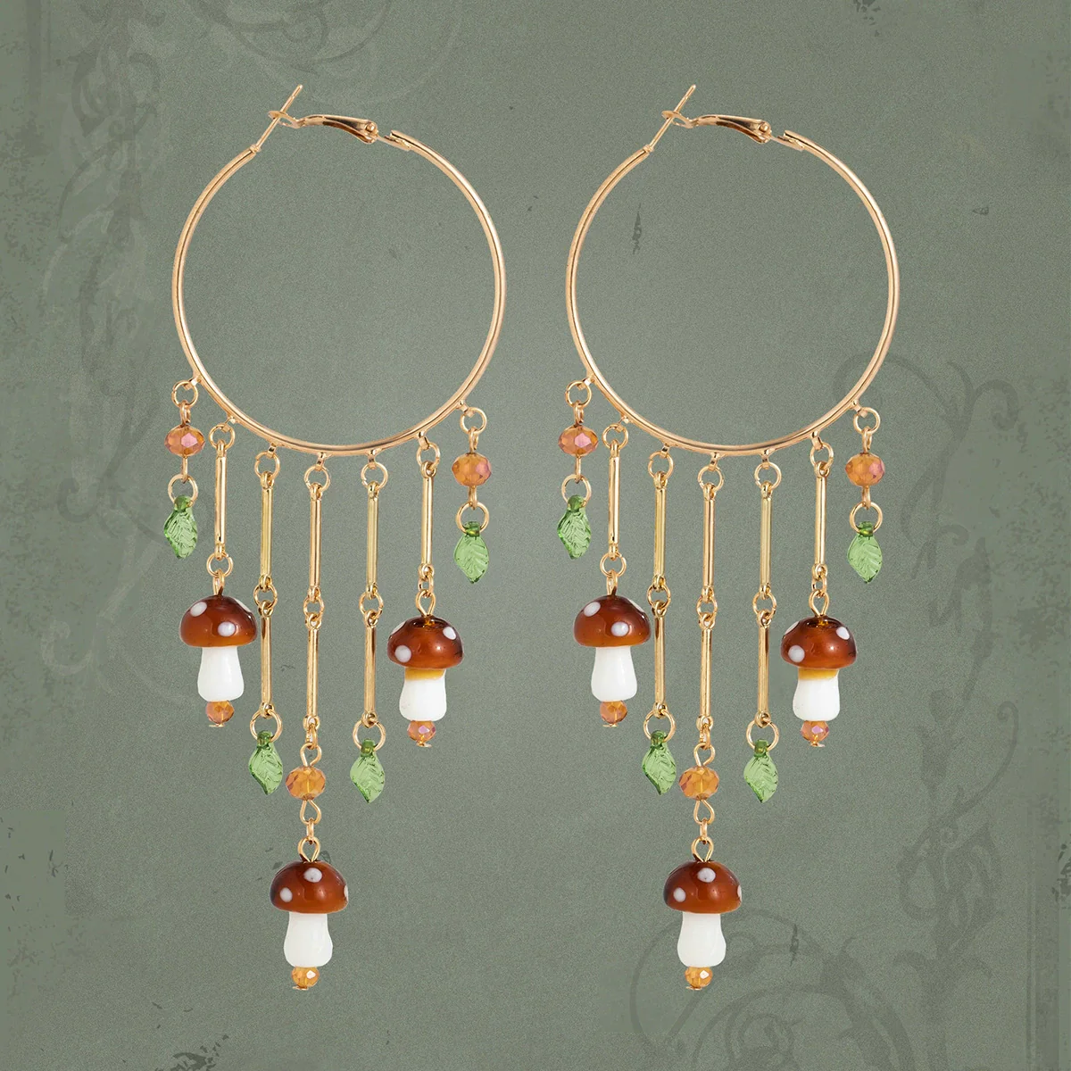 Jewelry Alloy Forest Style Mushroom Leaf Flower Exaggerated Pendant Tassel Earrings Electroplated - Image 4
