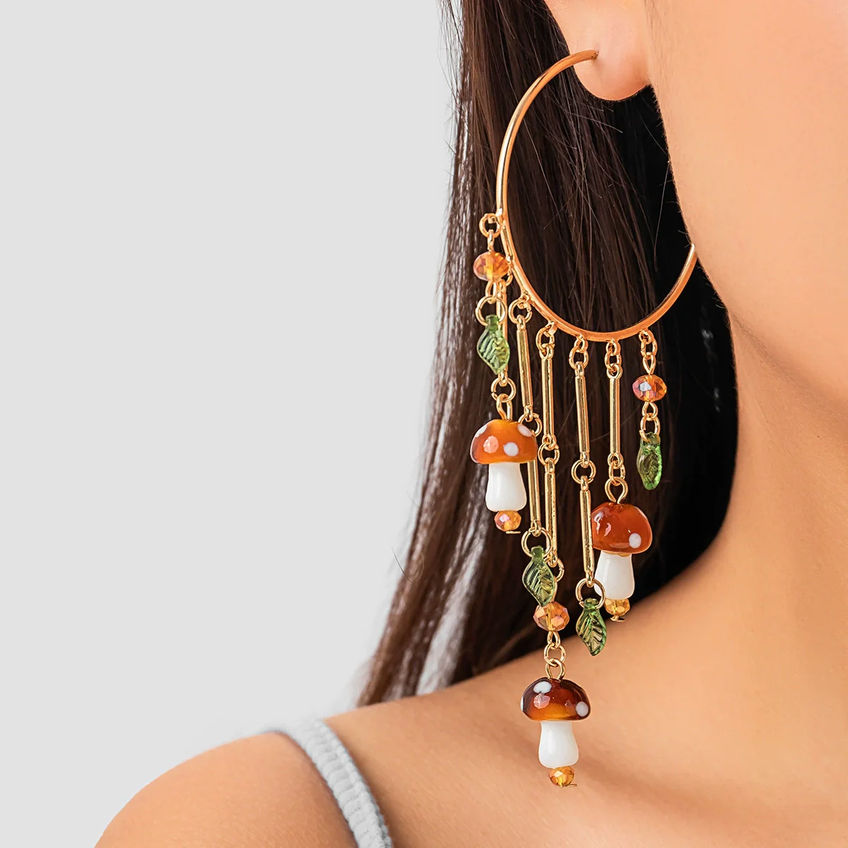 Jewelry Alloy Forest Style Mushroom Leaf Flower Exaggerated Pendant Tassel Earrings Electroplated - Image 6