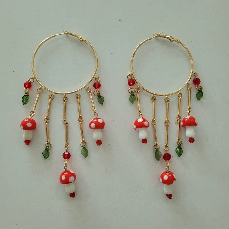Jewelry Alloy Forest Style Mushroom Leaf Flower Exaggerated Pendant Tassel Earrings Electroplated - Image 7