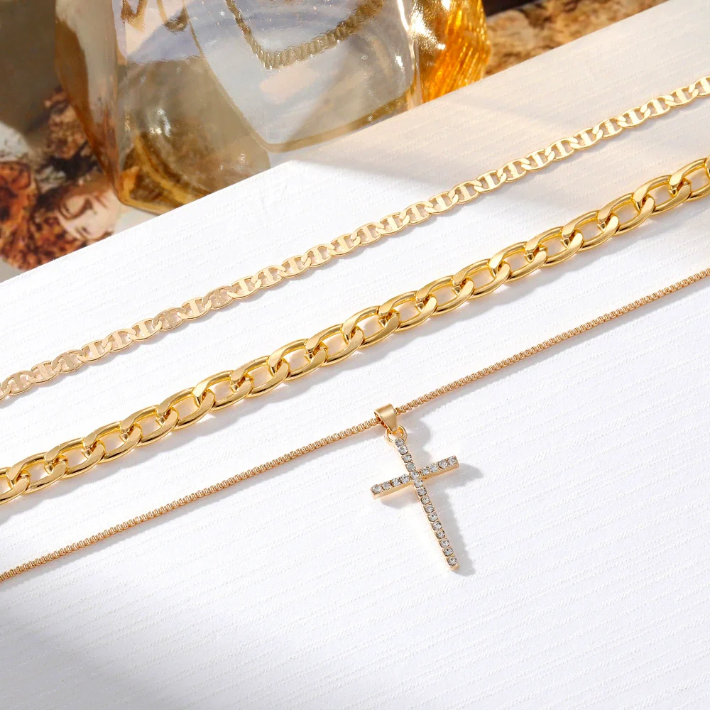 Jewelry Alloy Geometric Cross Heartshaped Pendant Multilayer Necklace With Diamond For Women - Image 3