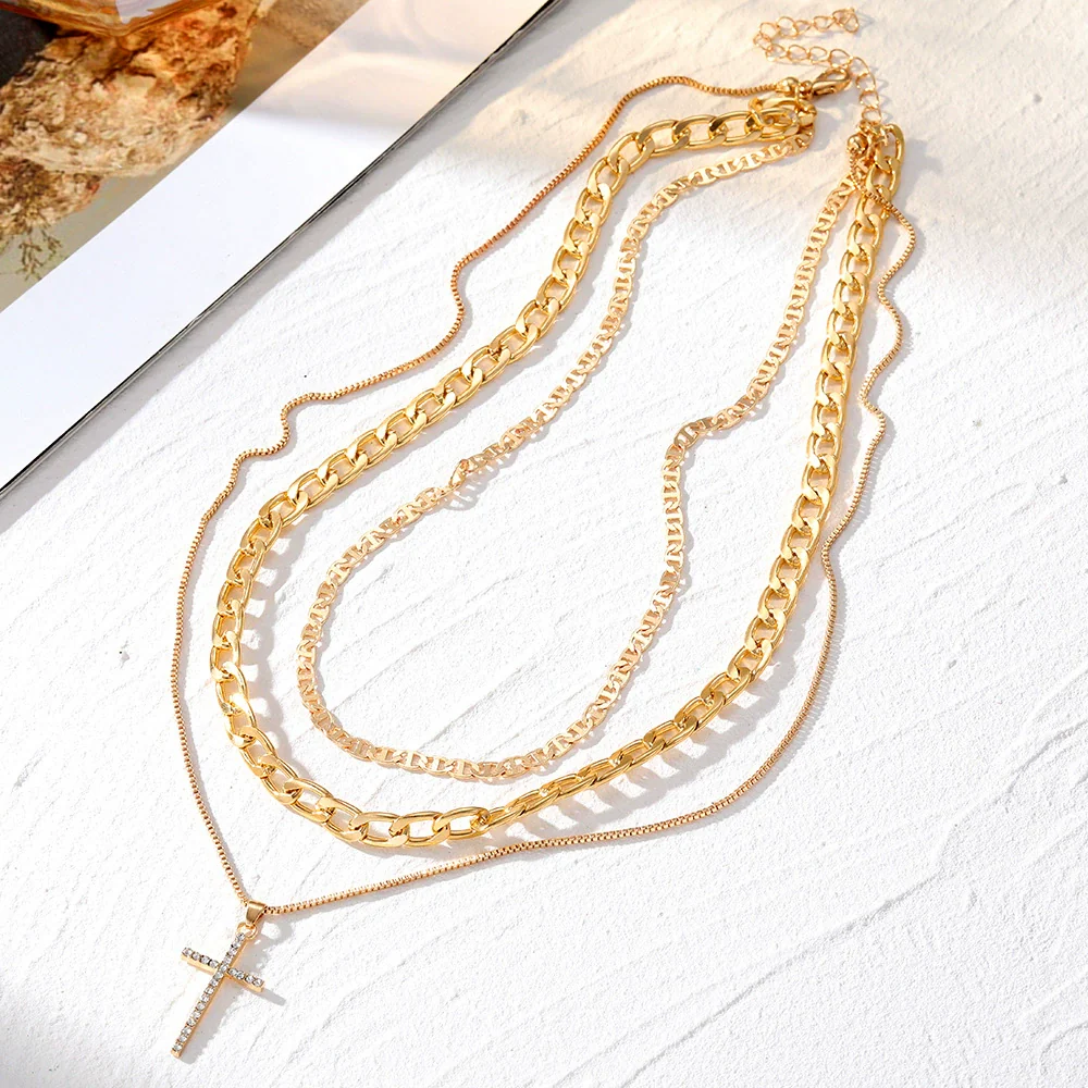 Jewelry Alloy Geometric Cross Heartshaped Pendant Multilayer Necklace With Diamond For Women - Image 4