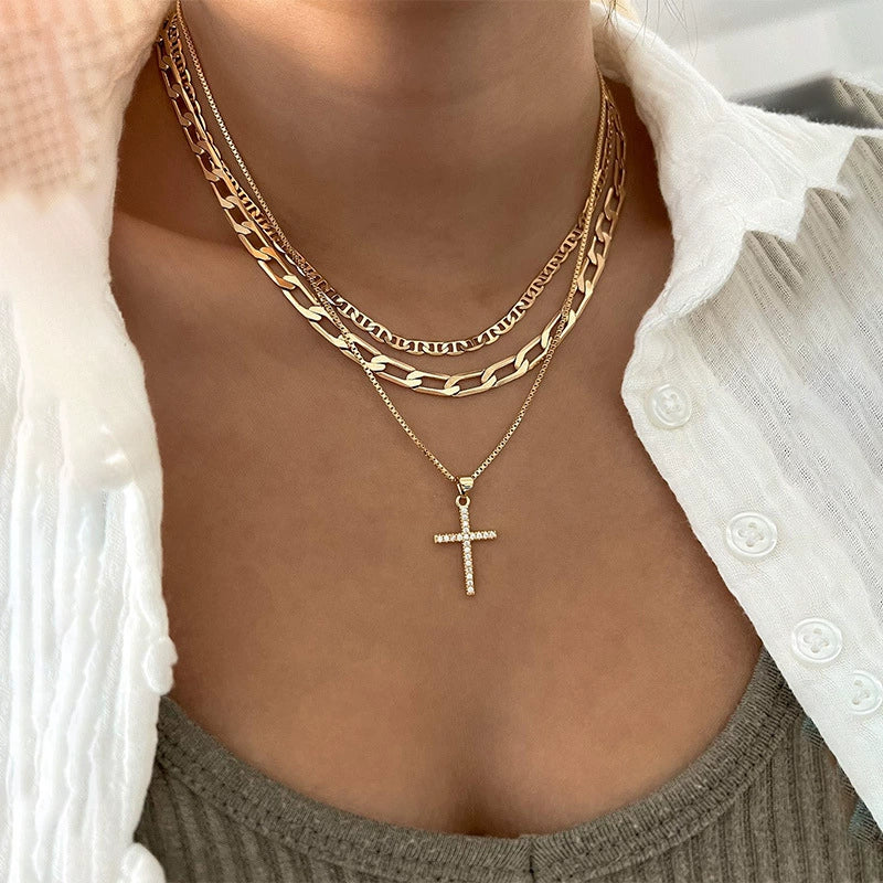 Jewelry Alloy Geometric Cross Heartshaped Pendant Multilayer Necklace With Diamond For Women - Image 6
