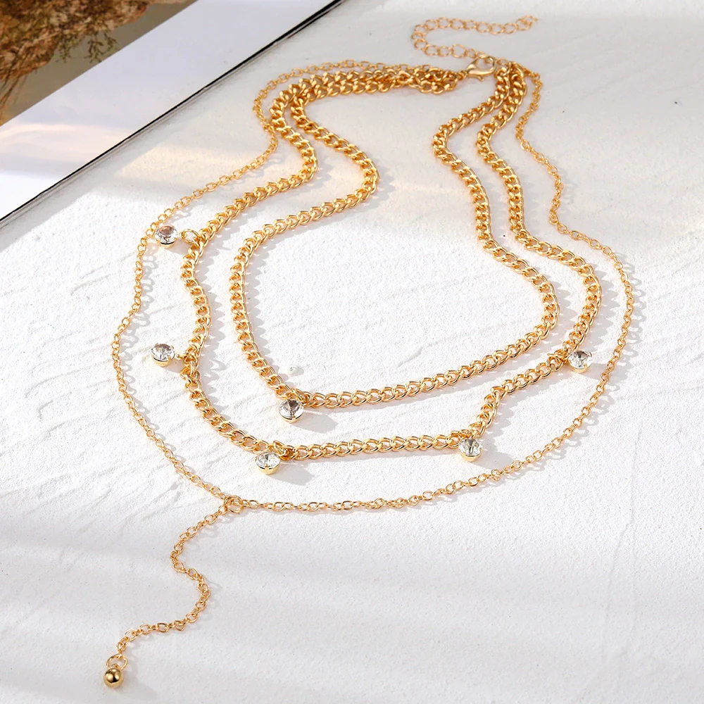 Jewelry Alloy Geometric Crystal Tassel Clavicle Necklace Cold Style Simple Multi Layer Stacked Diamond Design - Image 4