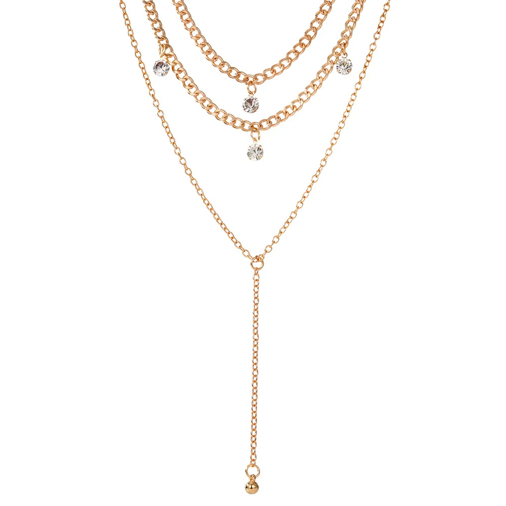 Jewelry Alloy Geometric Crystal Tassel Clavicle Necklace Cold Style Simple Multi Layer Stacked Diamond Design - Image 5