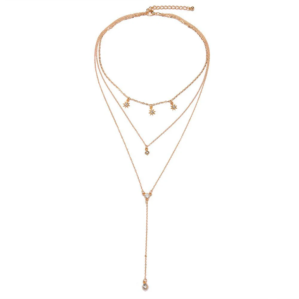 Jewelry Alloy Geometric Crystal Tassel Clavicle Necklace Cold Style Simple Multi Layer Stacked Diamond Design - Image 7