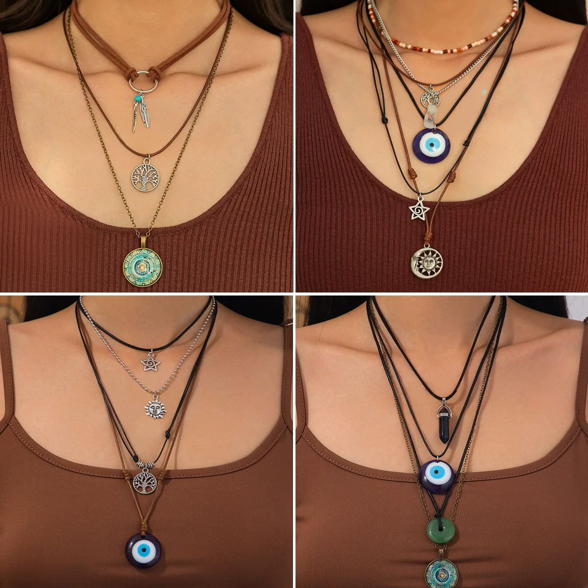 Jewelry Alloy Geometric Devil's Eye Pendant Necklace With Leather Wax Thread Iron Chain Rice Beads Acrylic Crystal Electroplating For Women