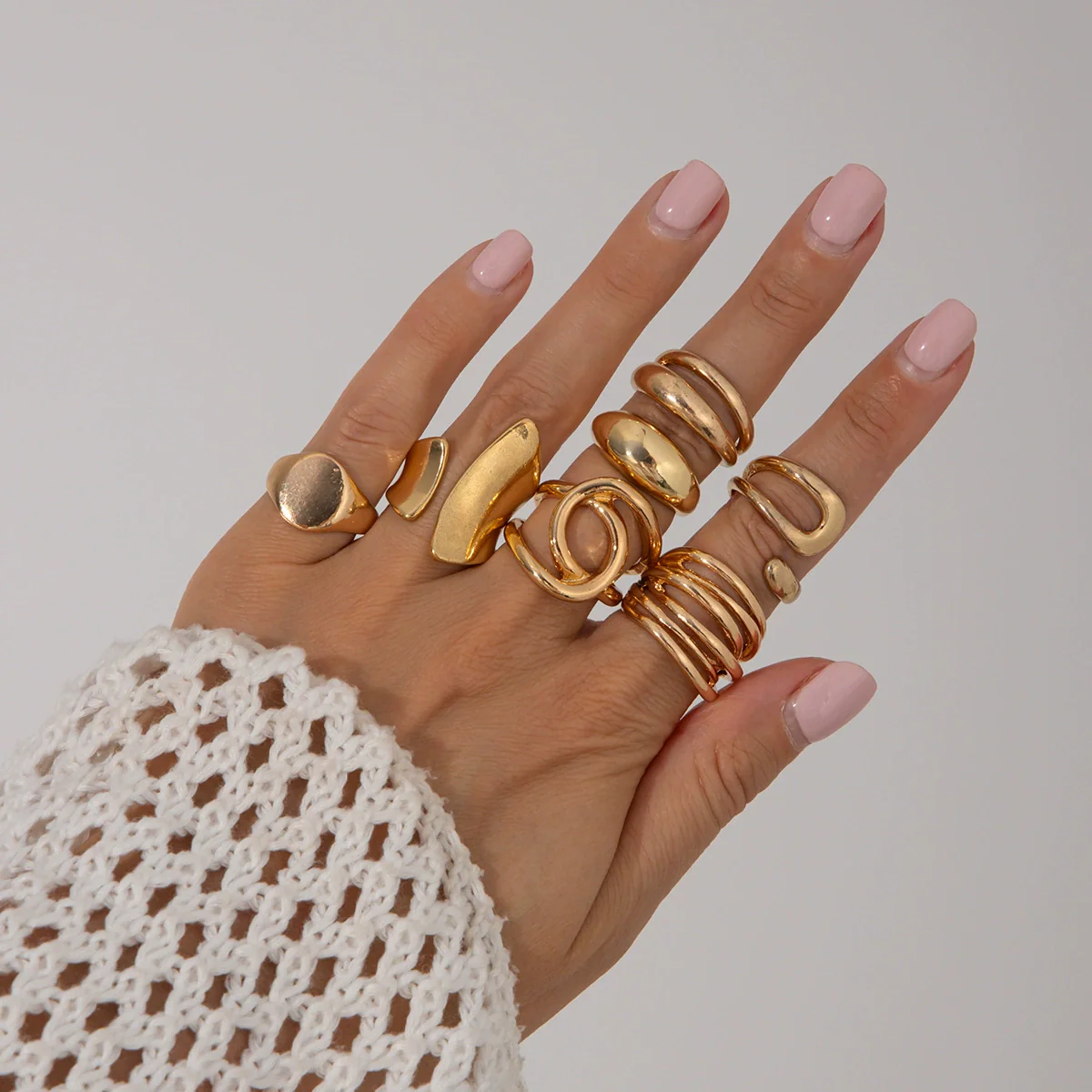Jewelry Alloy Geometric Exaggerated Asymmetrical Open Ring Set Electroplating Niche Style - Image 10