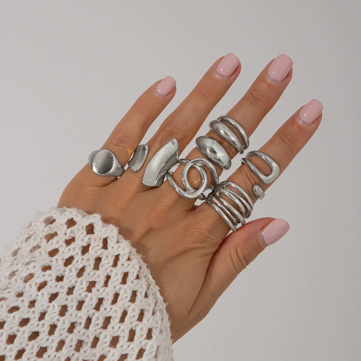 Jewelry Alloy Geometric Exaggerated Asymmetrical Open Ring Set Electroplating Niche Style - Image 11